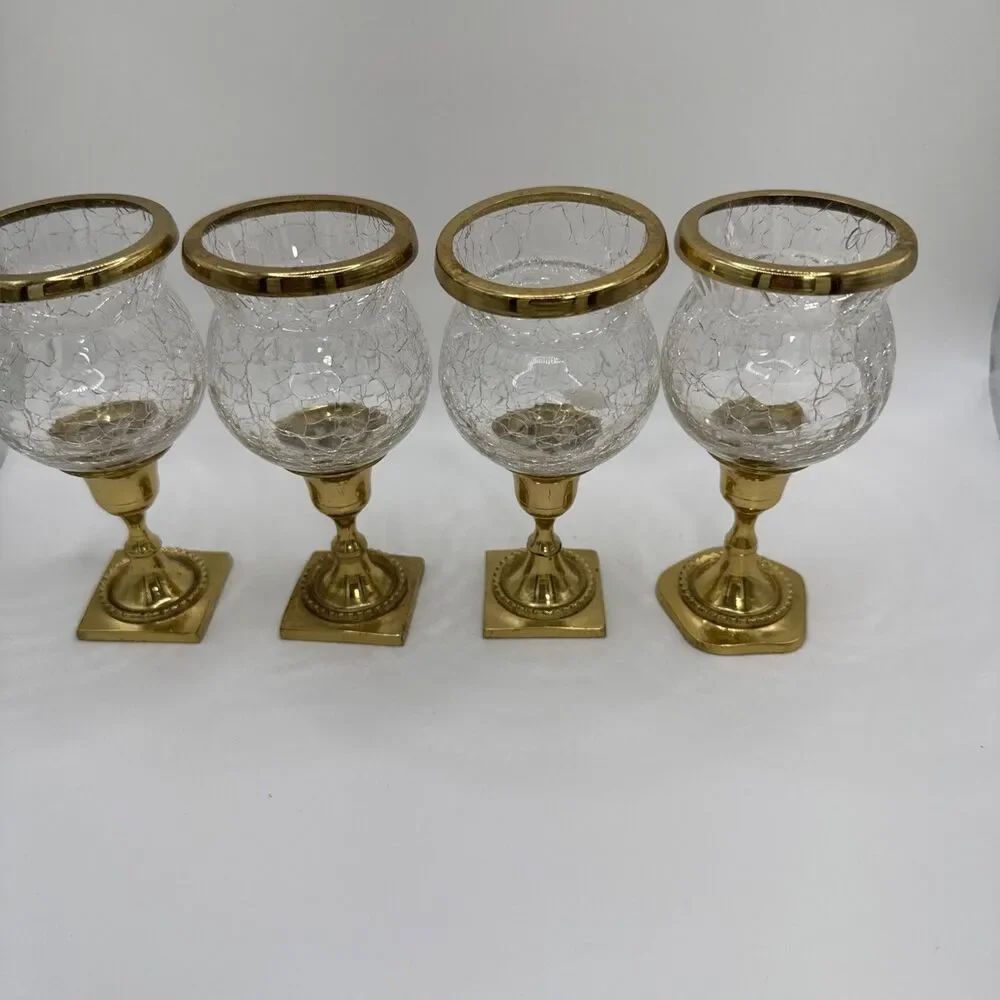 Vintage Mid-Century Gold Brass & Crackle Glass Votive Candle Holder Set of 4
